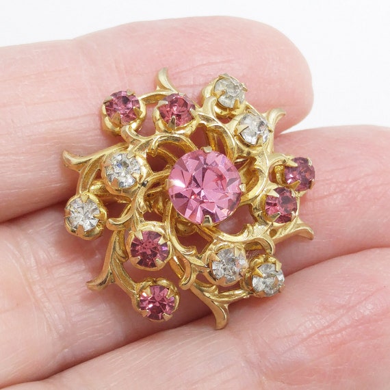 Coro Pink Rhinestone Brooch, Gold Plated Scatter … - image 10