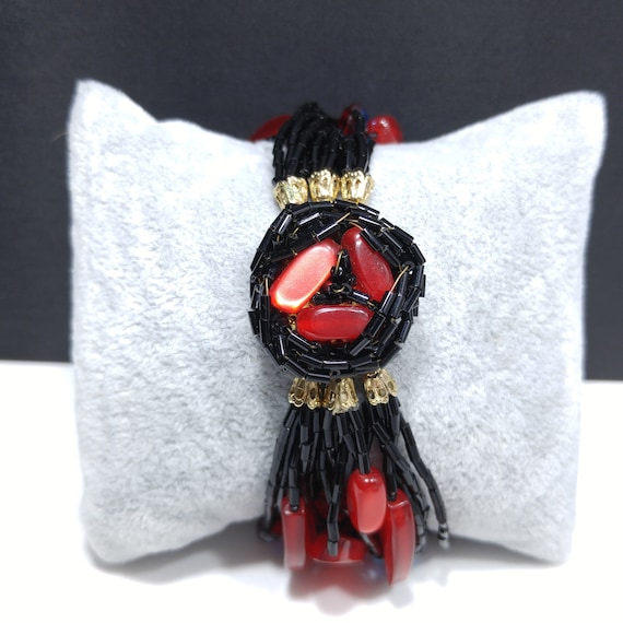 Multi-strand Black & Red Beaded Bracelet, Lucite … - image 2