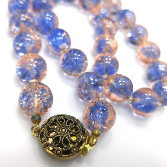 Blue Pink Crackle Glass Beaded Necklace, Filigree… - image 2
