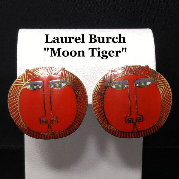 Laurel Burch "Moon Tiger" Red Post Earrings, Gold Plated Cloisonné, Red Enamel, 1980s Vintage Jewelry