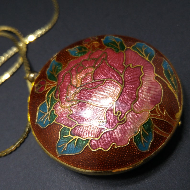 Cloisonne Rose Flower Double Sided Pendant, Gold Tone Long Chain, 1960s Vintage Jewelry image 9