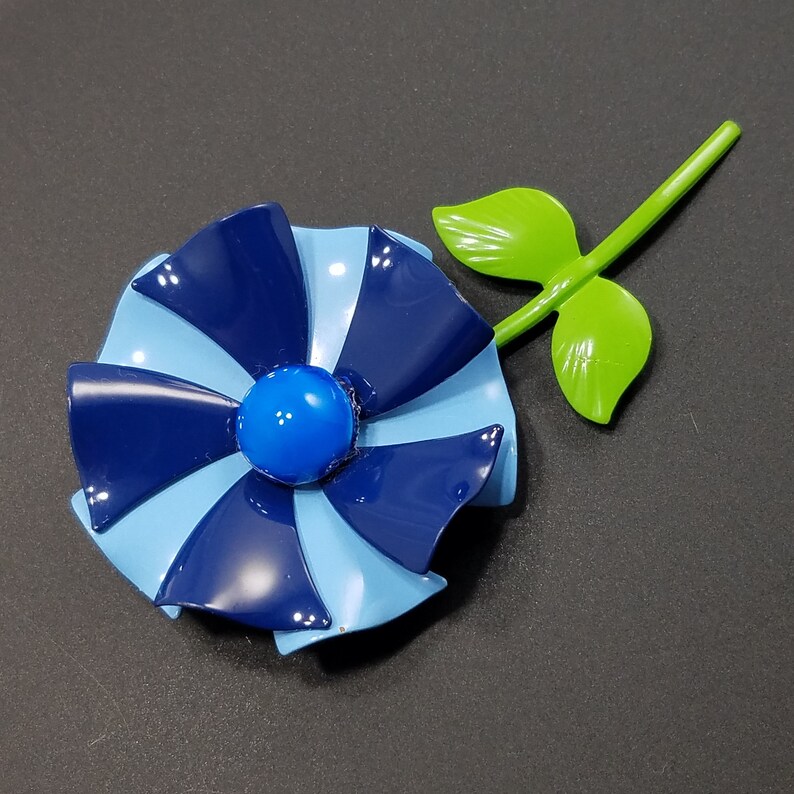 Vintage Two Toned Blue Enamel Metal Flower Brooch Green Stem Double Leaf Vintage Jewelry Vintage 1960s Flower Power Pinwheel Brooch Pin
