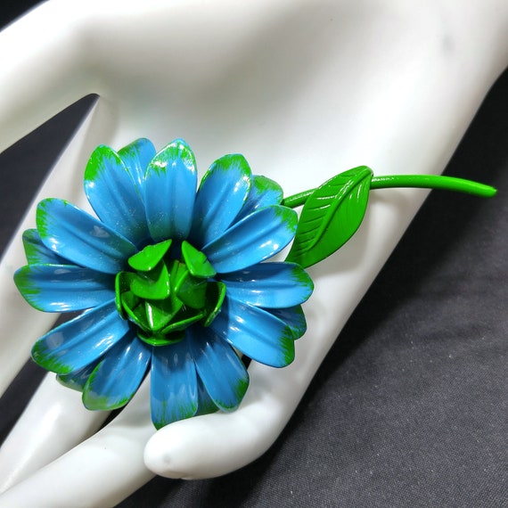 Large Flower Brooch, Blue & Green Enamel on Metal… - image 2