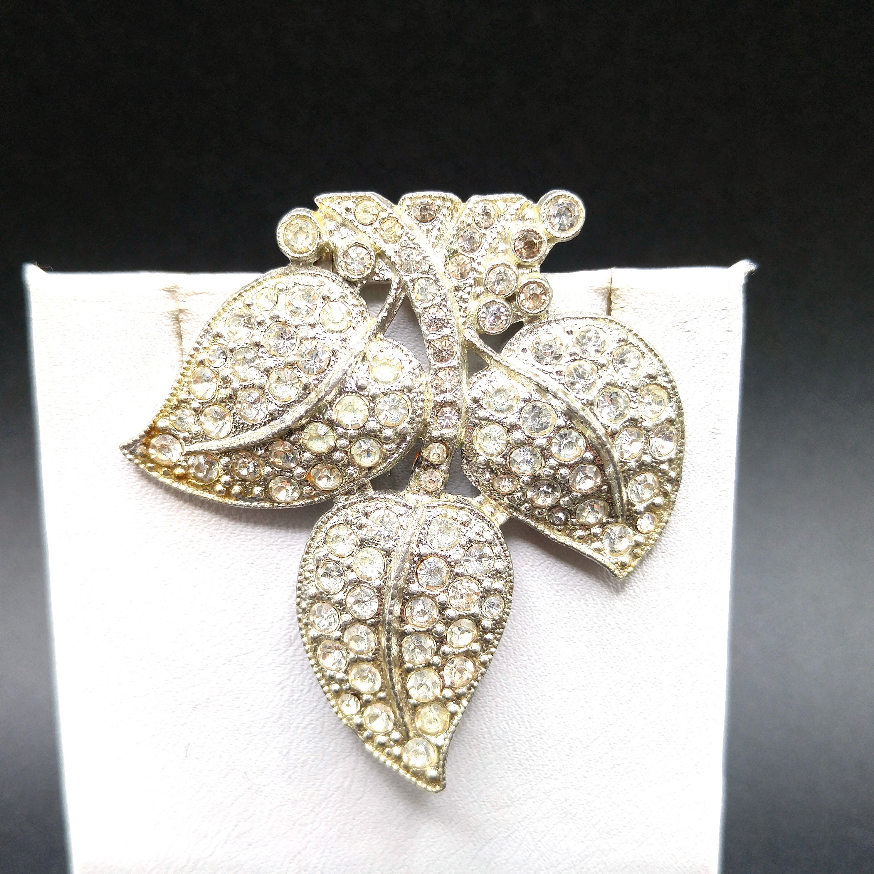 Three Leaf Clear Rhinestone Dress Clip, Pot Metal, 1930s