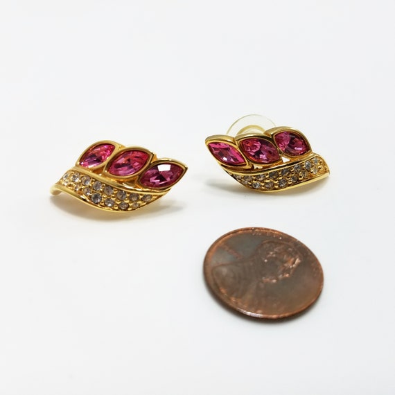 S. A. L. Swarovski Pink Rhinestone Earrings, Gold… - image 8