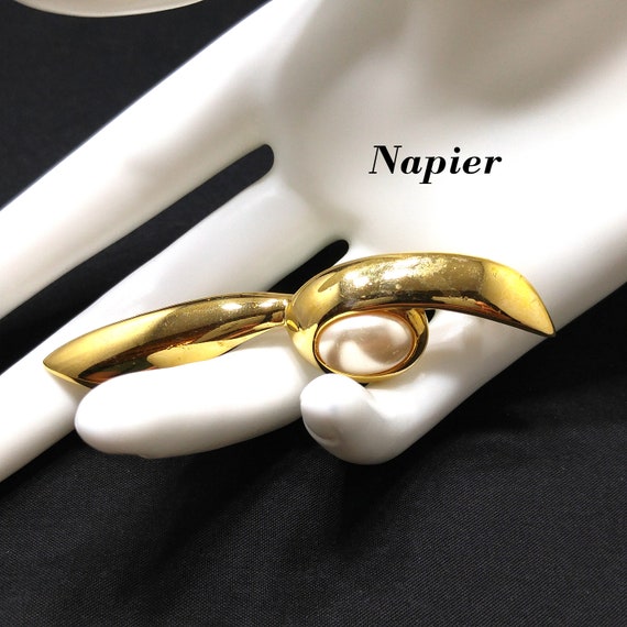 Napier Faux Pearl Cab Modernist Brooch, Gold Plat… - image 1