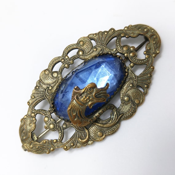 Antique Dragon Overlay Blue Glass Brooch, Edwardi… - image 1