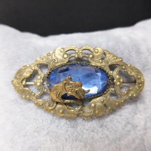 Antique Dragon Overlay Blue Glass Brooch, Edwardian Ornate Pin, 1910s Vintage Jewelry image 2
