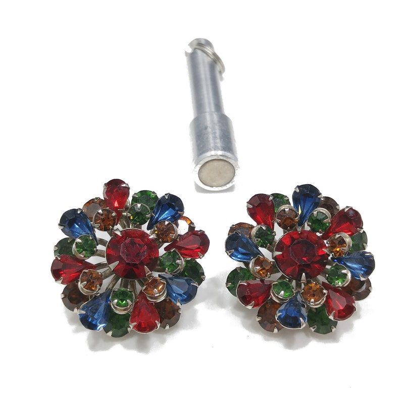 1950s Vintage Jewelry Mid Century Multicolored Rhinestone Earrings