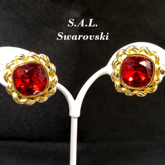 Swarovski Red Crystal Earrings, Gold Plated, Stam… - image 1