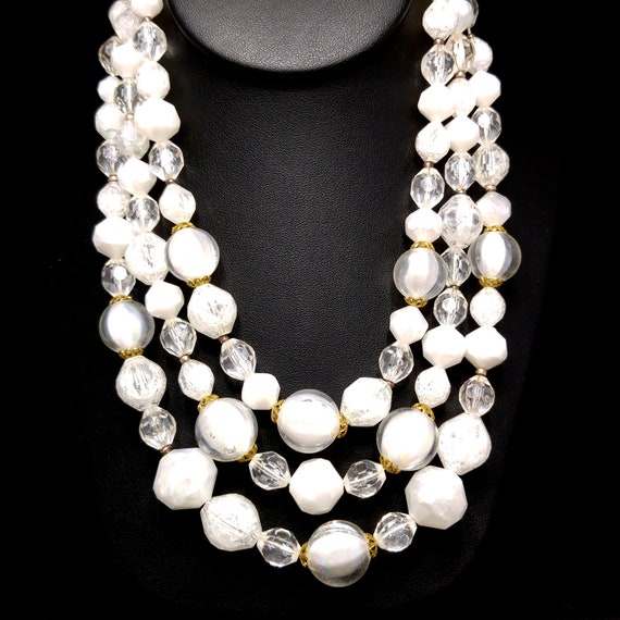 West Germany White Beaded Necklace, Three Strands… - image 3