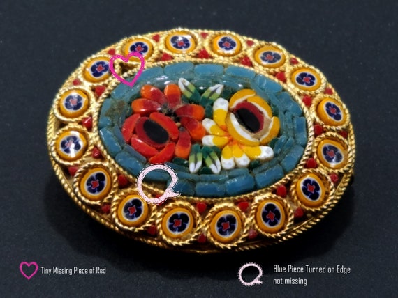 Italian Floral Micro Mosaic Oval Brooch, Murano G… - image 8