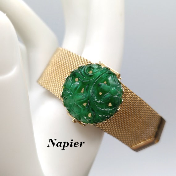 Vintage Napier Green Molded Glass Bracelet, Mesh … - image 1