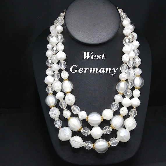 West Germany White Beaded Necklace, Three Strands… - image 1