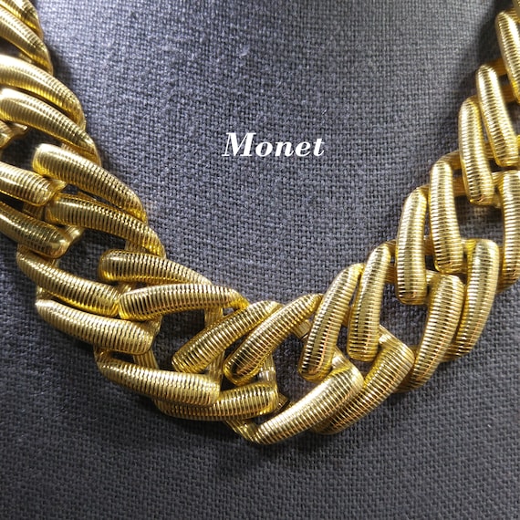 Monet Large Link Wide Necklace, Gold Plated Textured Links Monet Large Link Wide Necklace, Gold Plated Textured Links