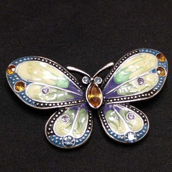 Butterfly Enamel & Rhinestone Brooch, Silver Tone… - image 8