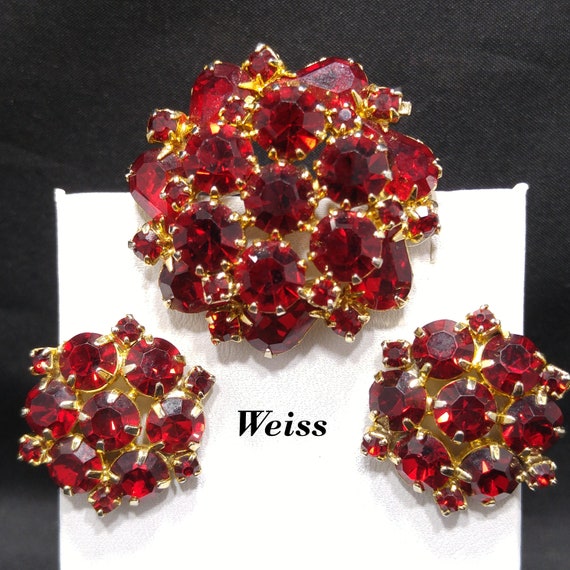Weiss Red Rhinestone Brooch & Earrings, Gold Plat… - image 1
