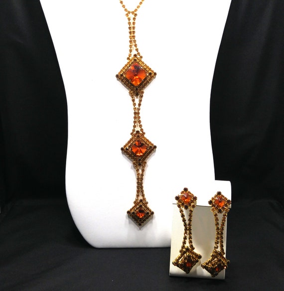 Topaz Glass Rhinestones Long Necklace Earrings, R… - image 1