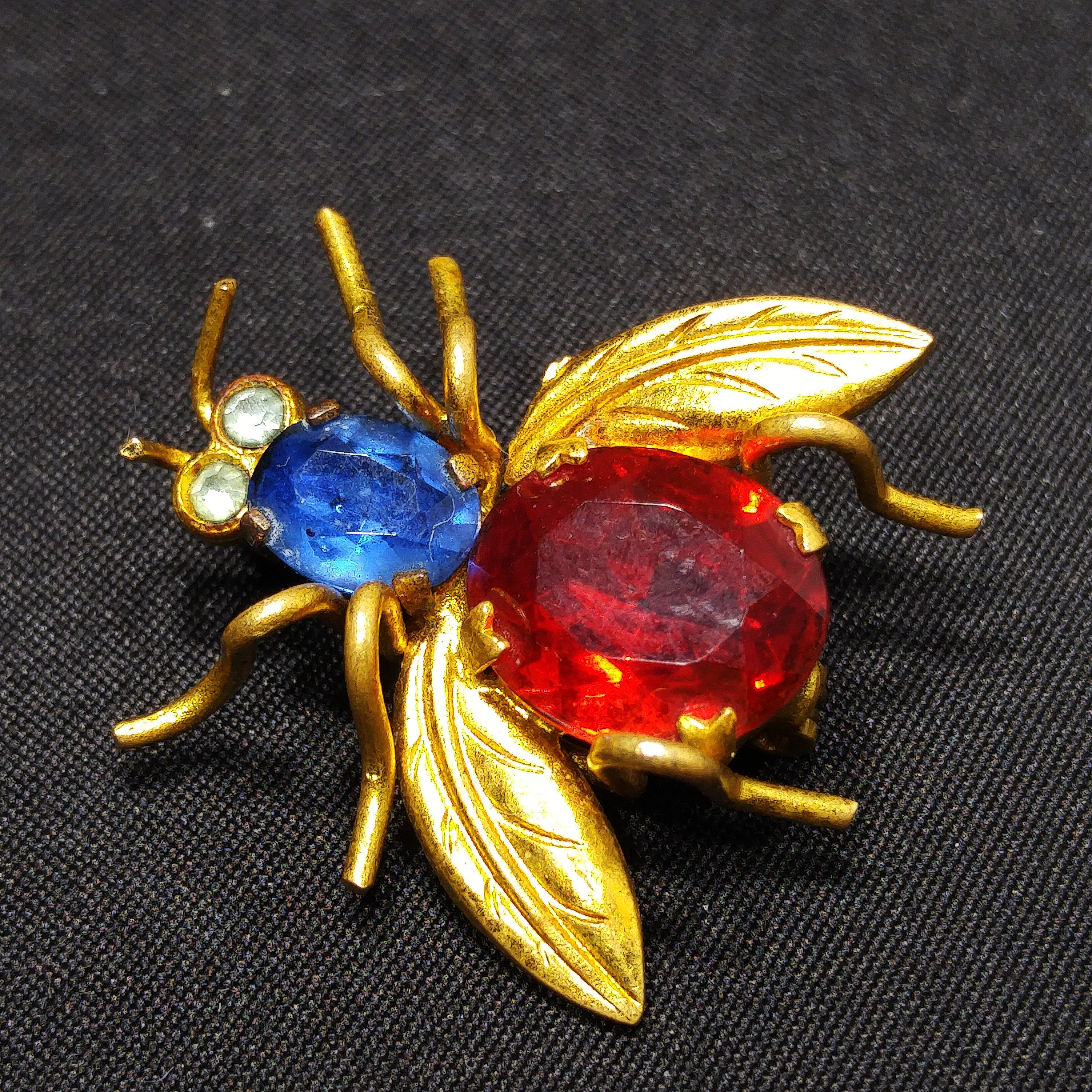Czech Insect Fly Brooch Pin, Glass Rhinestones & Brass, 1930s