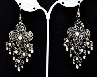 Vintage Filigree Floral Dangle Earrings, Aurora Borealis Rhinestones, 1970s Vintage Jewelry