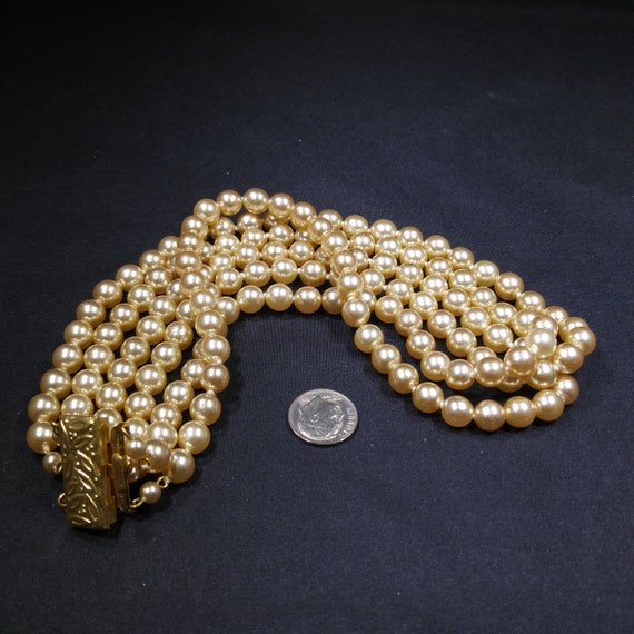 Faux Pearl Champagne Necklace, Three Strands, Gla… - image 10