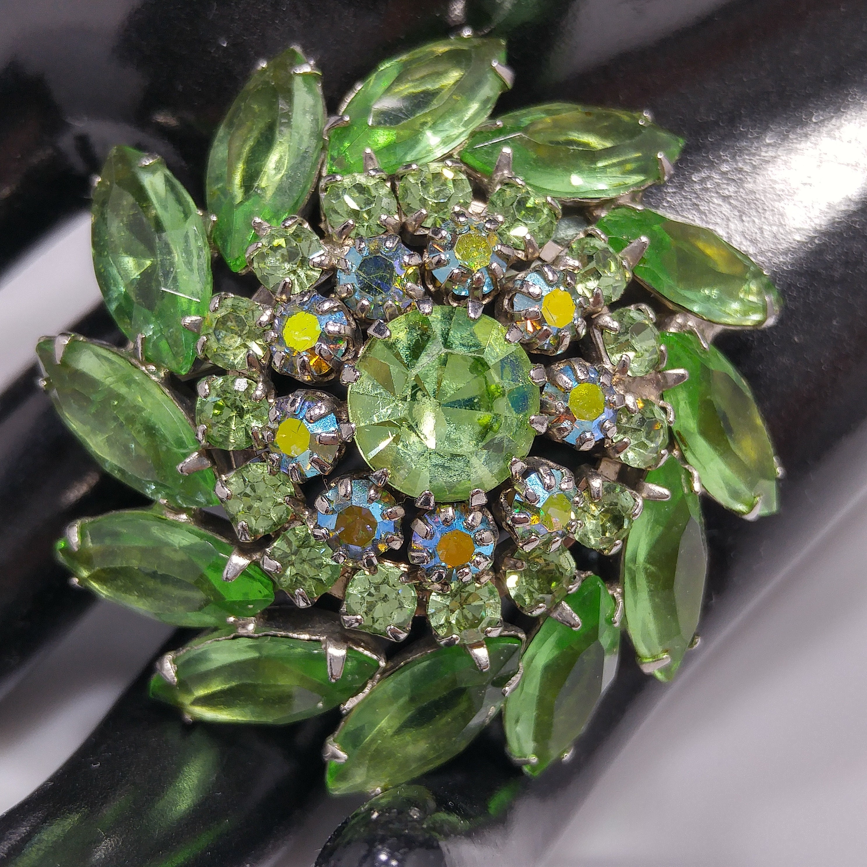 Peridot Green Rhinestone Domed Brooch, Aurora Borealis