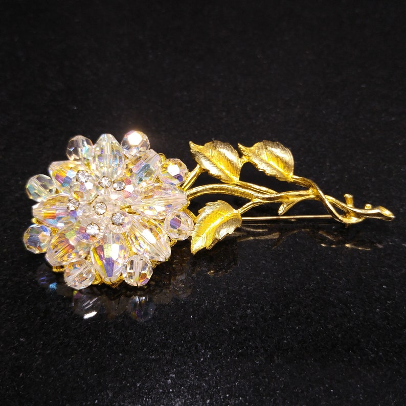 1960s Vintage Jewelry Austrian Crystal Beaded Flower Brooch Gold Tone