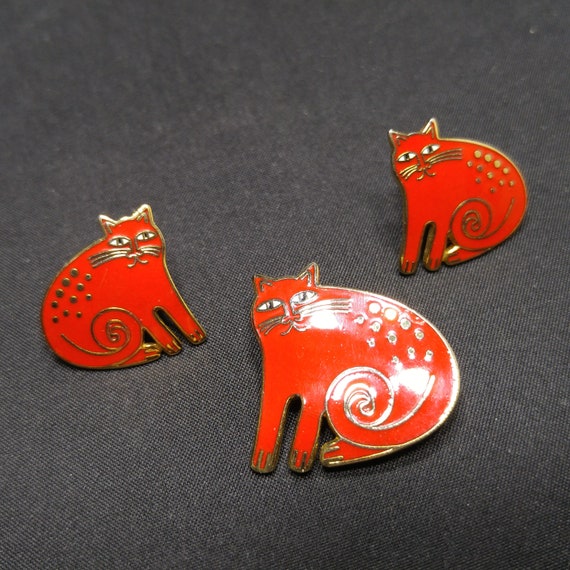 Laurel Burch "Keshire Cat" Red Brooch & Post Earr… - image 8