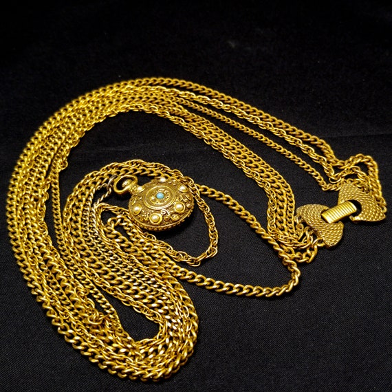 Goldette Three Strand Necklace, Long Chains & Pen… - image 9