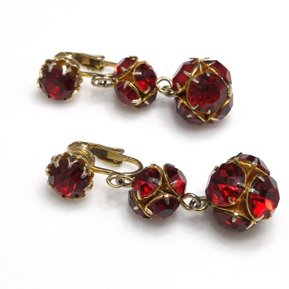 Red Rhinestone Long Clip Earrings, Rhinestone Bea… - image 8