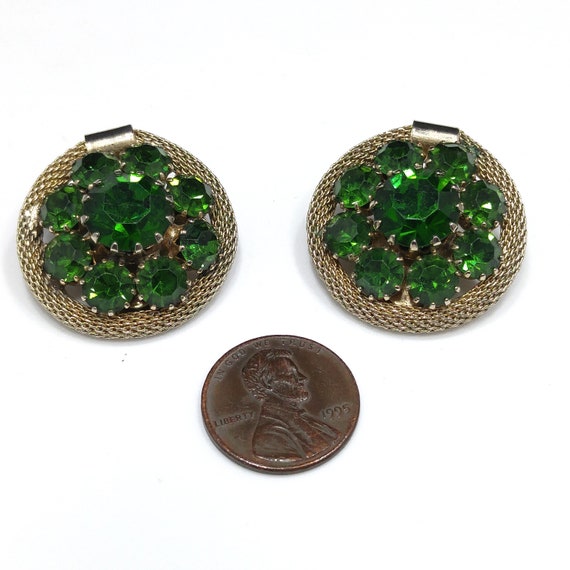 Weiss Green Rhinestone Gold Mesh Earrings, Emeral… - image 7