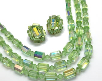 Green AB Barrel Crystal Necklace & Earrings, Austrian Crystal Beads, 1960s Vintage Jewelry