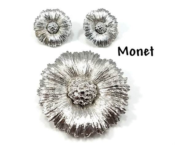Monet Flower Brooch & Earrings Set, Silver Toned,
