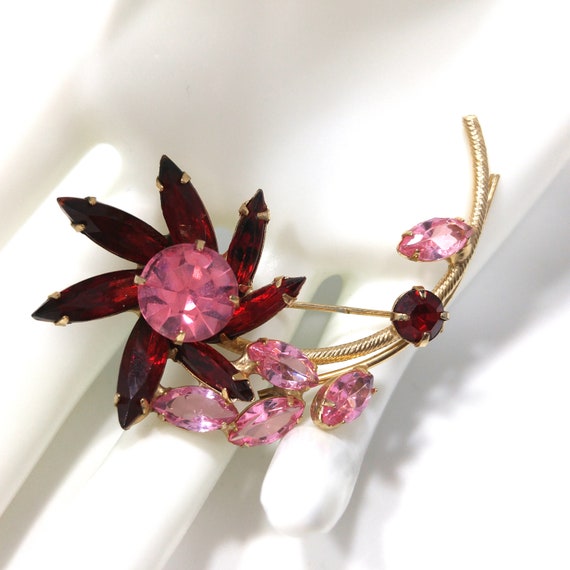 Red & Pink Rhinestone Flower Brooch, Gold Plated … - image 2