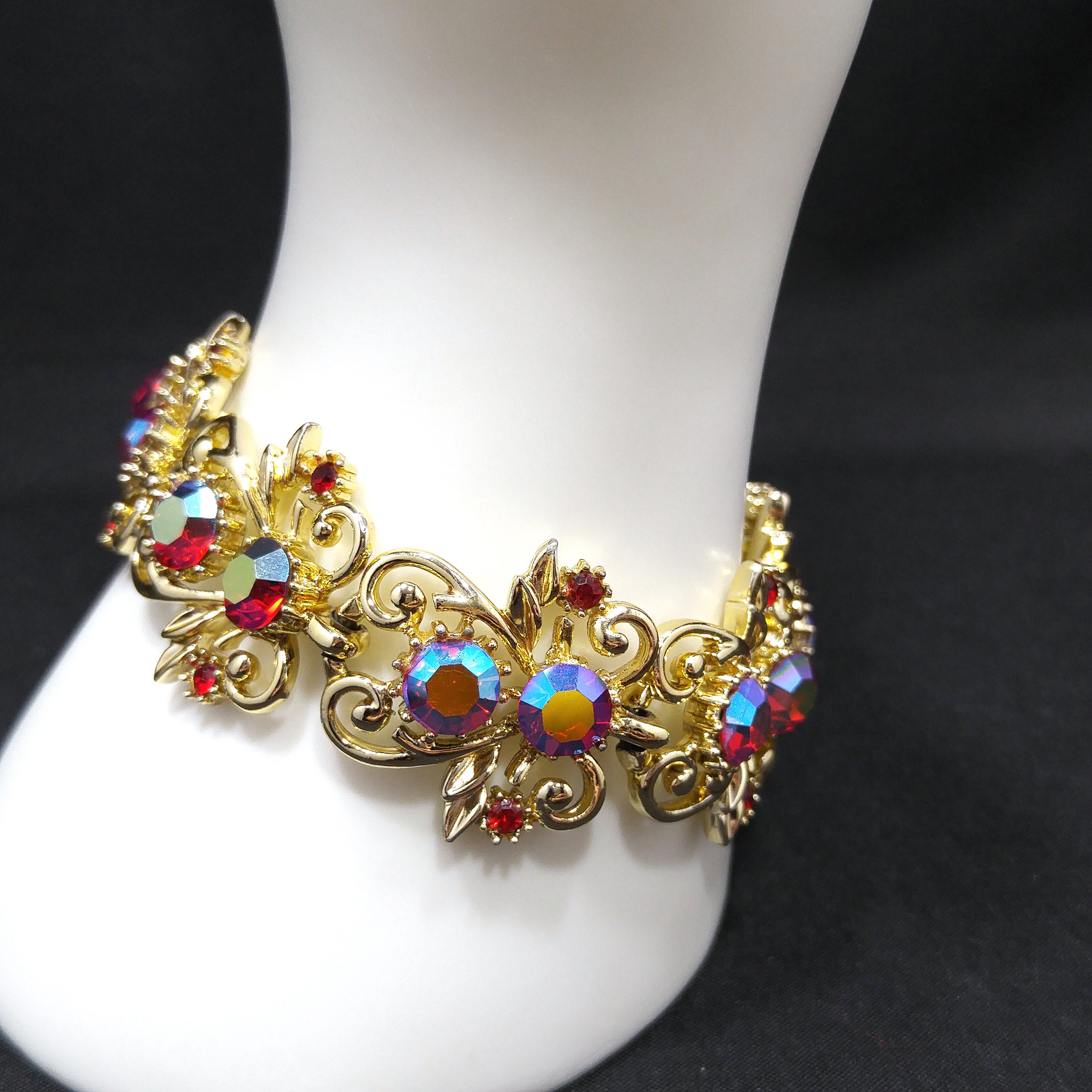 【即日発送】 Coro Red Rhinestone Wide Bracelet, Aurora Borealis, 1960s その他