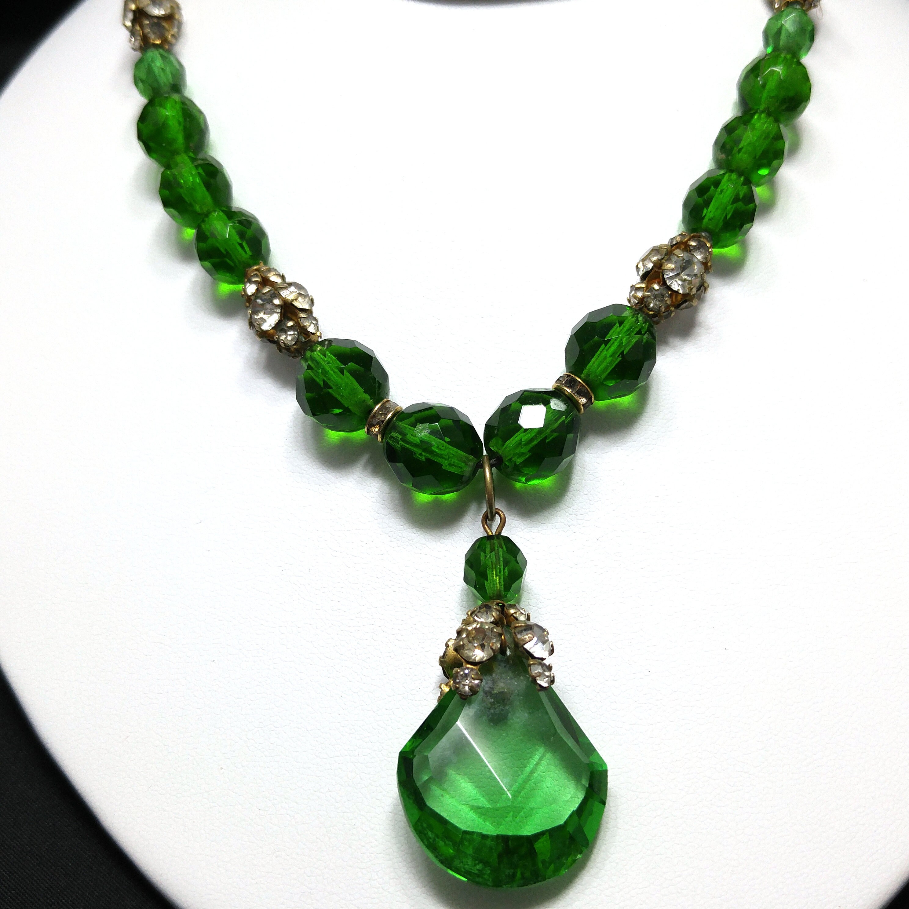 Green Czech Glass Pendant Necklace Clear Rhinestones 1950s Vintage Jewelry Etsy