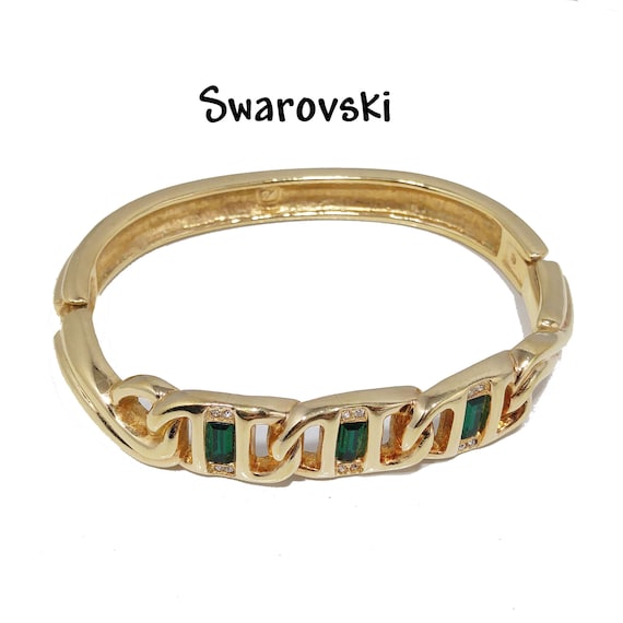 Swarovski Green & Clear Rhinestone Hinged Bracele… - image 1