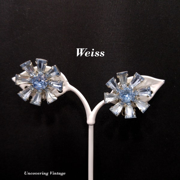 Weiss Light Blue Floral Rhinestone Earrings, Rhodium Plated, 1950s Vintage Jewelry