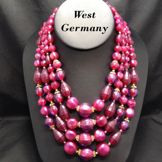 West Germany Cranberry Red Beaded Necklace, Four … - image 2