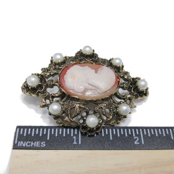 Cameo Faux Pearl Filigree Brooch & Pendant, 1960s… - image 6