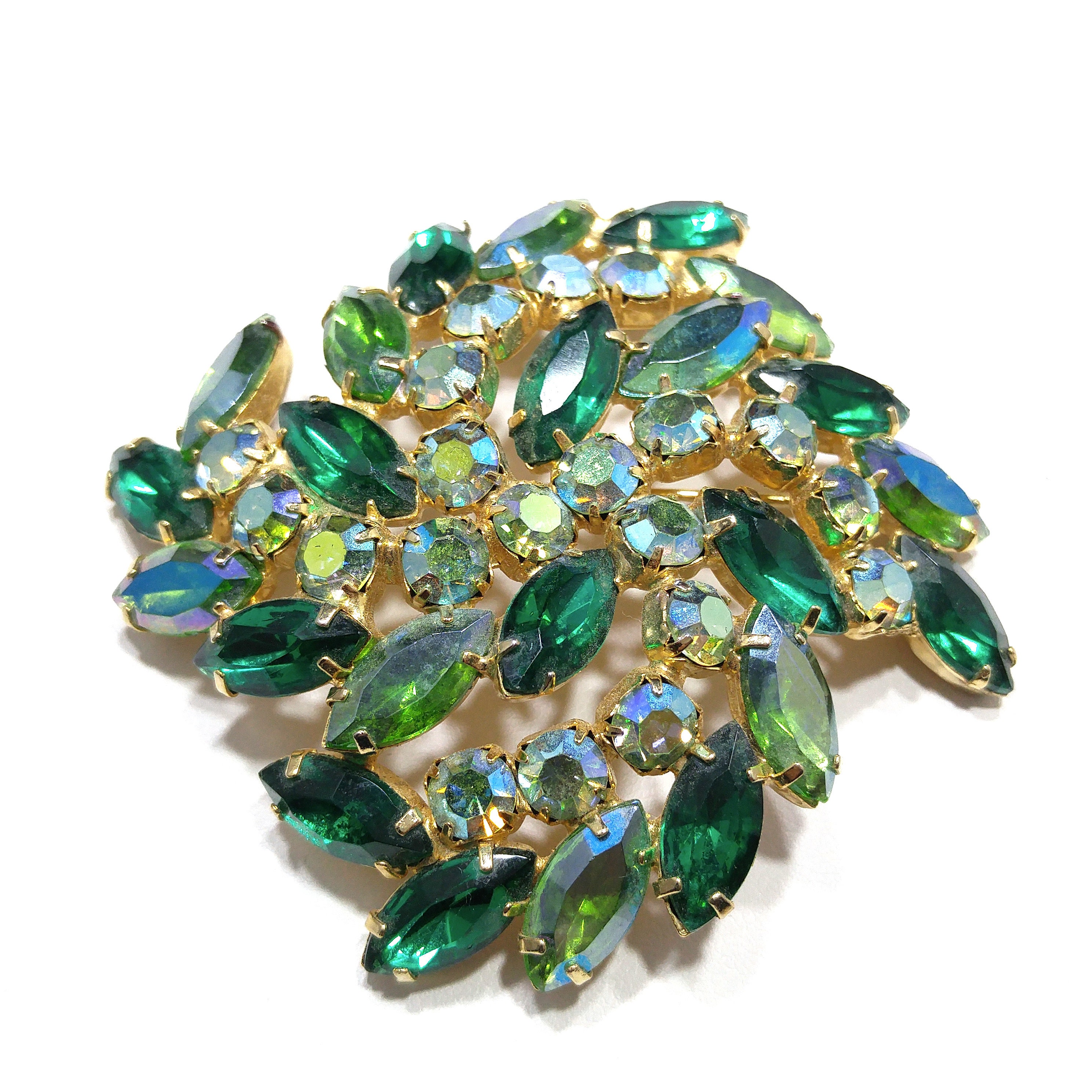 Green Aurora Borealis Rhinestone Brooch, Gold Plated, 1960s