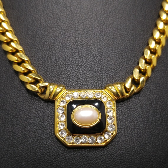 Monet Faux Pearl Black Enamel Pendant Necklace, G… - image 4