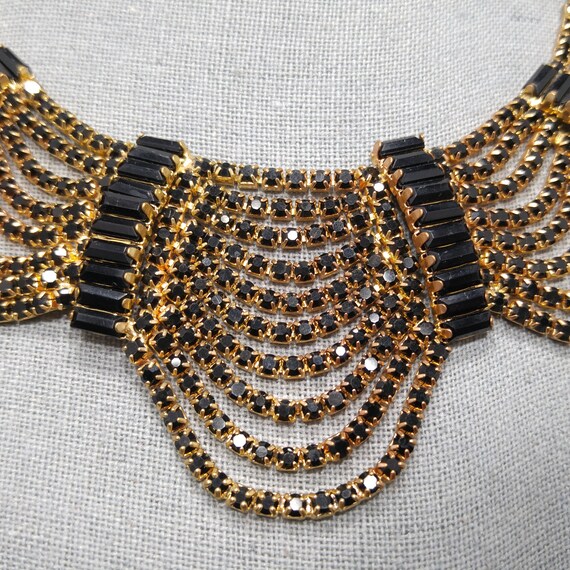 Black Rhinestone Festoon Necklace, Gold Plated, 1… - image 2