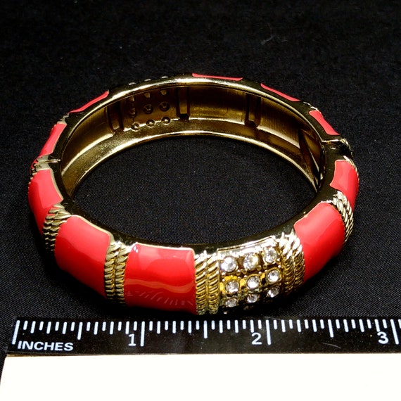 Red Enamel Gold Tone Hinged Bracelet, Clear Rhine… - image 5