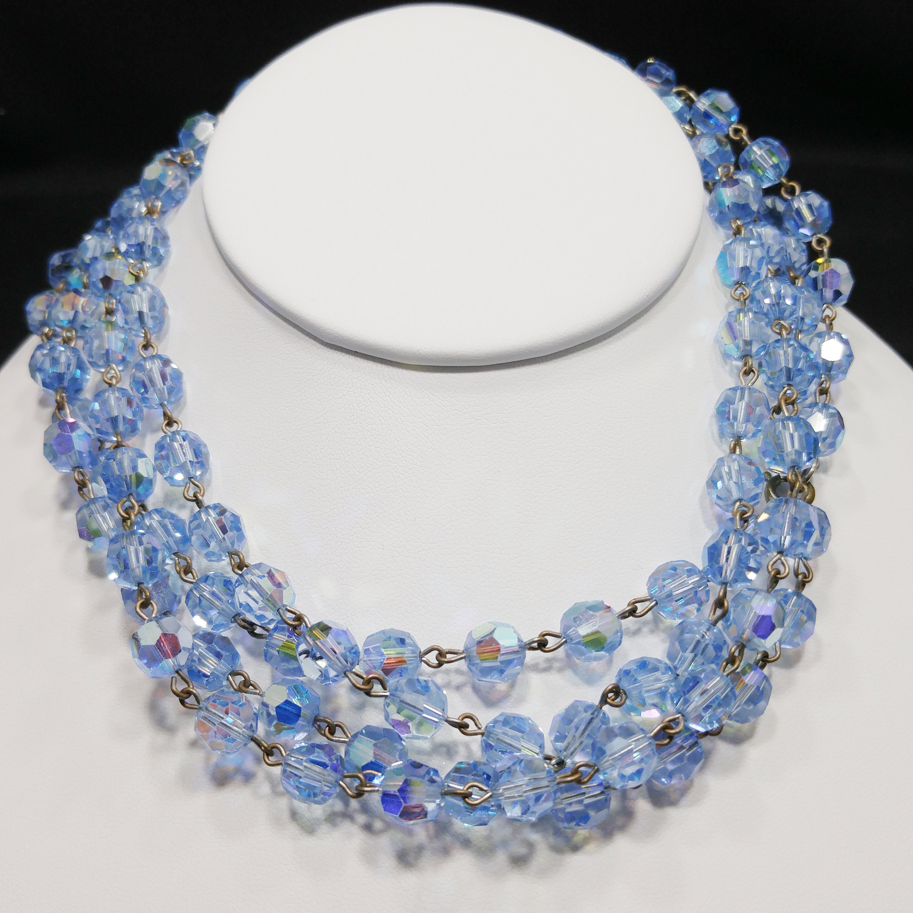 Blue Austrian Crystal Beaded Necklace, Long Rosary Style
