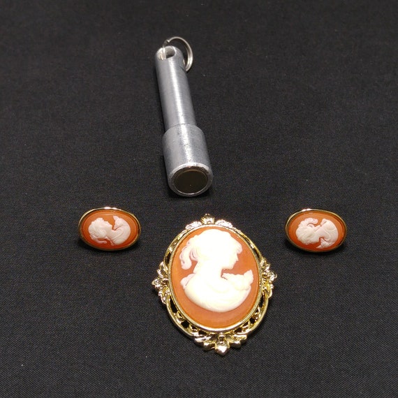 Whiting & Davis Cameo Brooch Post Earrings Set, L… - image 8