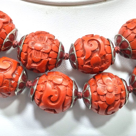 Hand Carved Red Bead Necklace, Chinese Import, Ha… - image 2