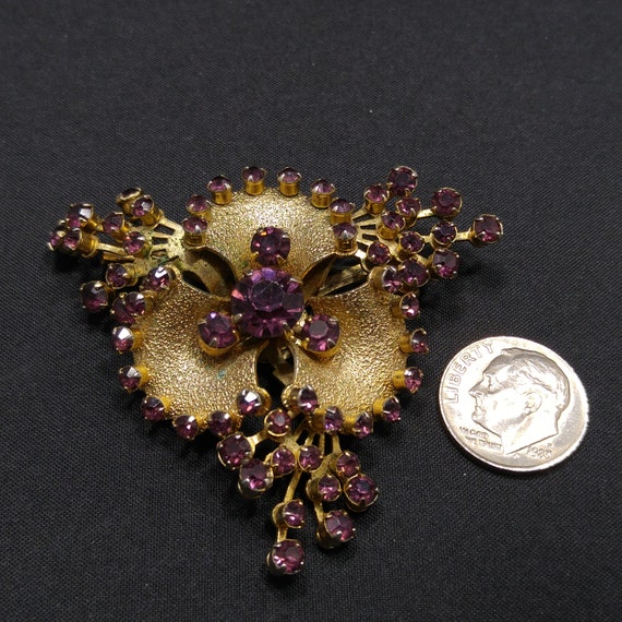 Purple Rhinestone Flower Brooch, Gold Plated, 195… - image 8