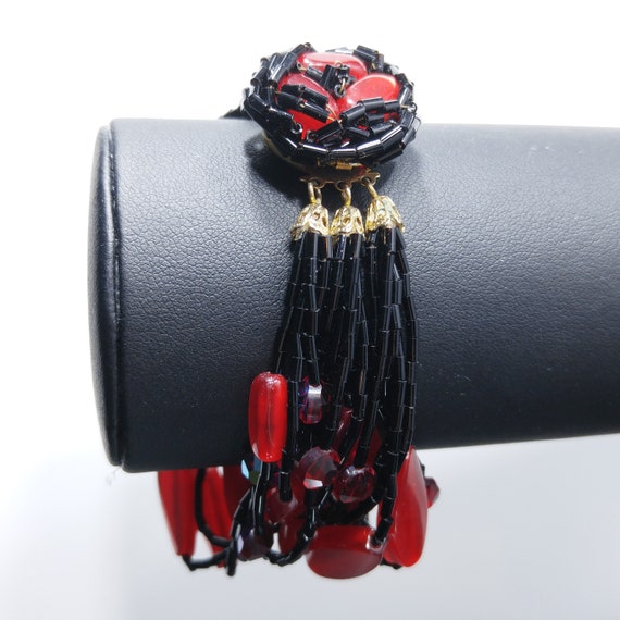 Multi-strand Black & Red Beaded Bracelet, Lucite … - image 4