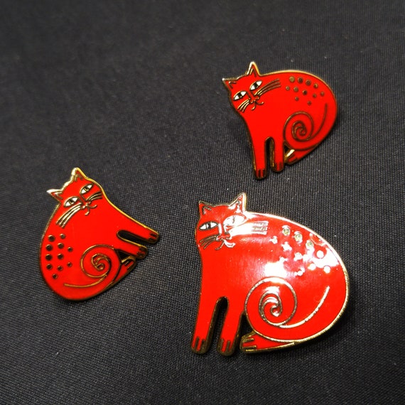 Laurel Burch "Keshire Cat" Red Brooch & Post Earr… - image 10